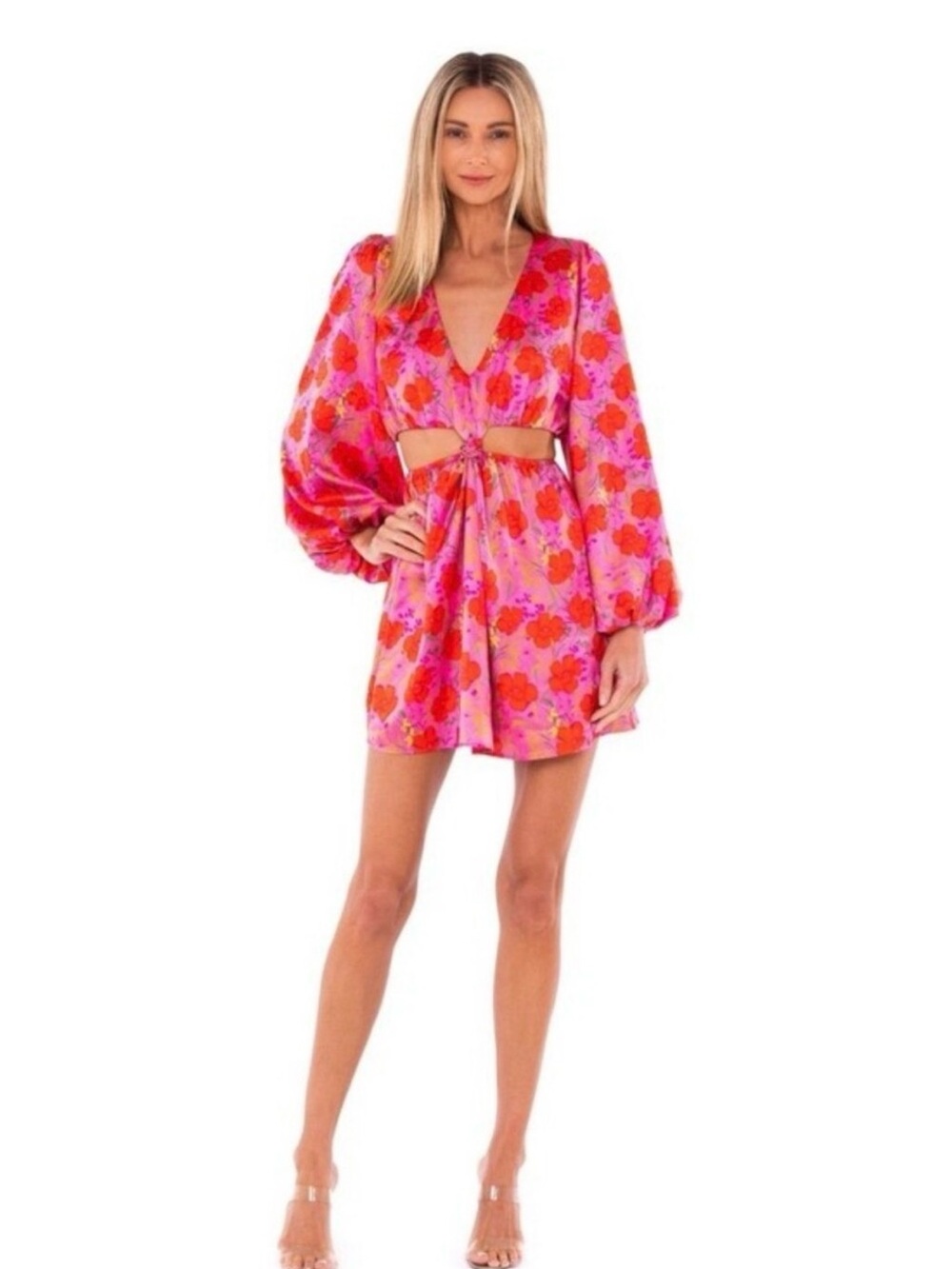 Show Me Your MuMu Pink & Red Floral Cutout Mini Dress